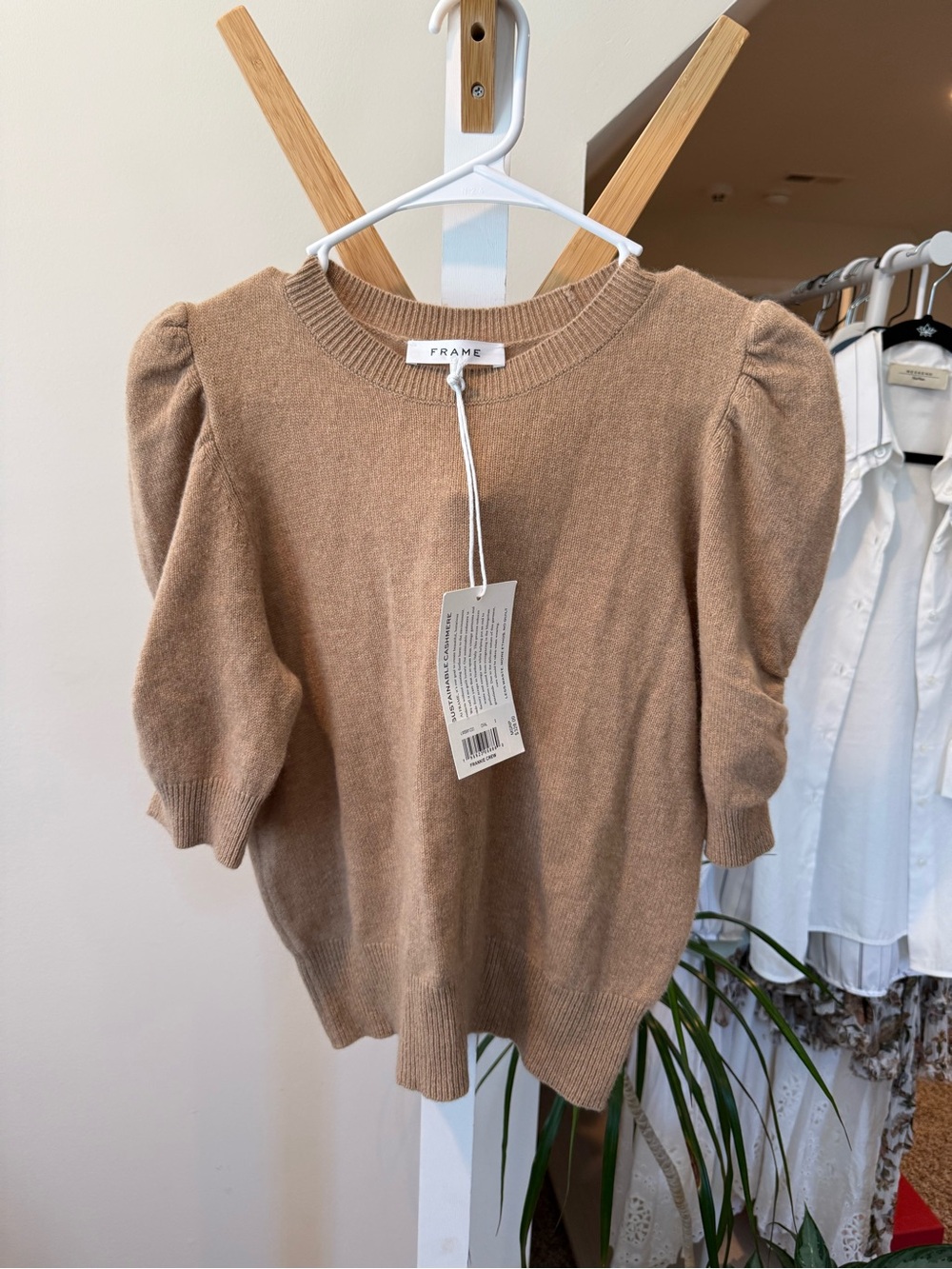 FRAME Camel Puff Sleeve Crewneck Sweater